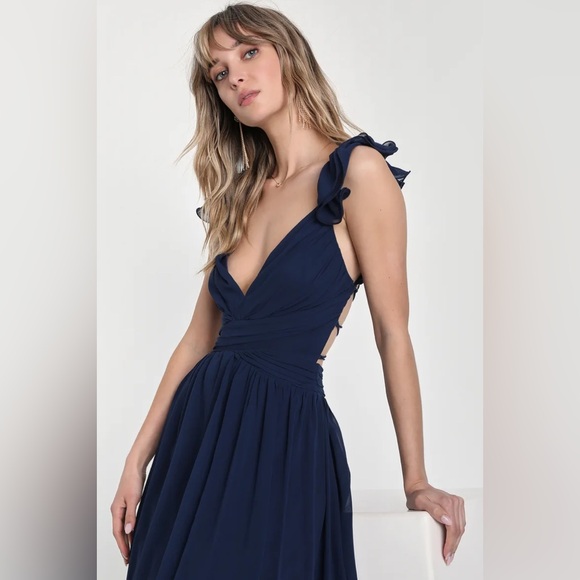 Soiree Celebration Navy Blue Ruffled Lace-Up Maxi Dress - Picture 2 of 3